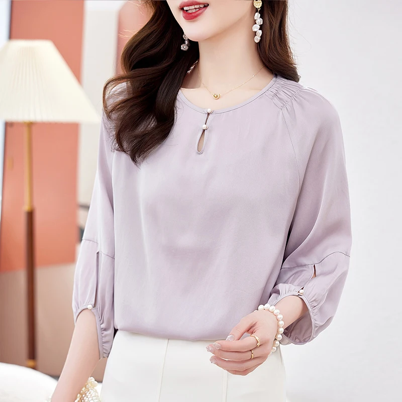 

Real Silk Elegant Fashion Shirts and Blouses for Women Spring Summer Women's Vintage Blouse Loose Tops Office Lady Solid Shirt