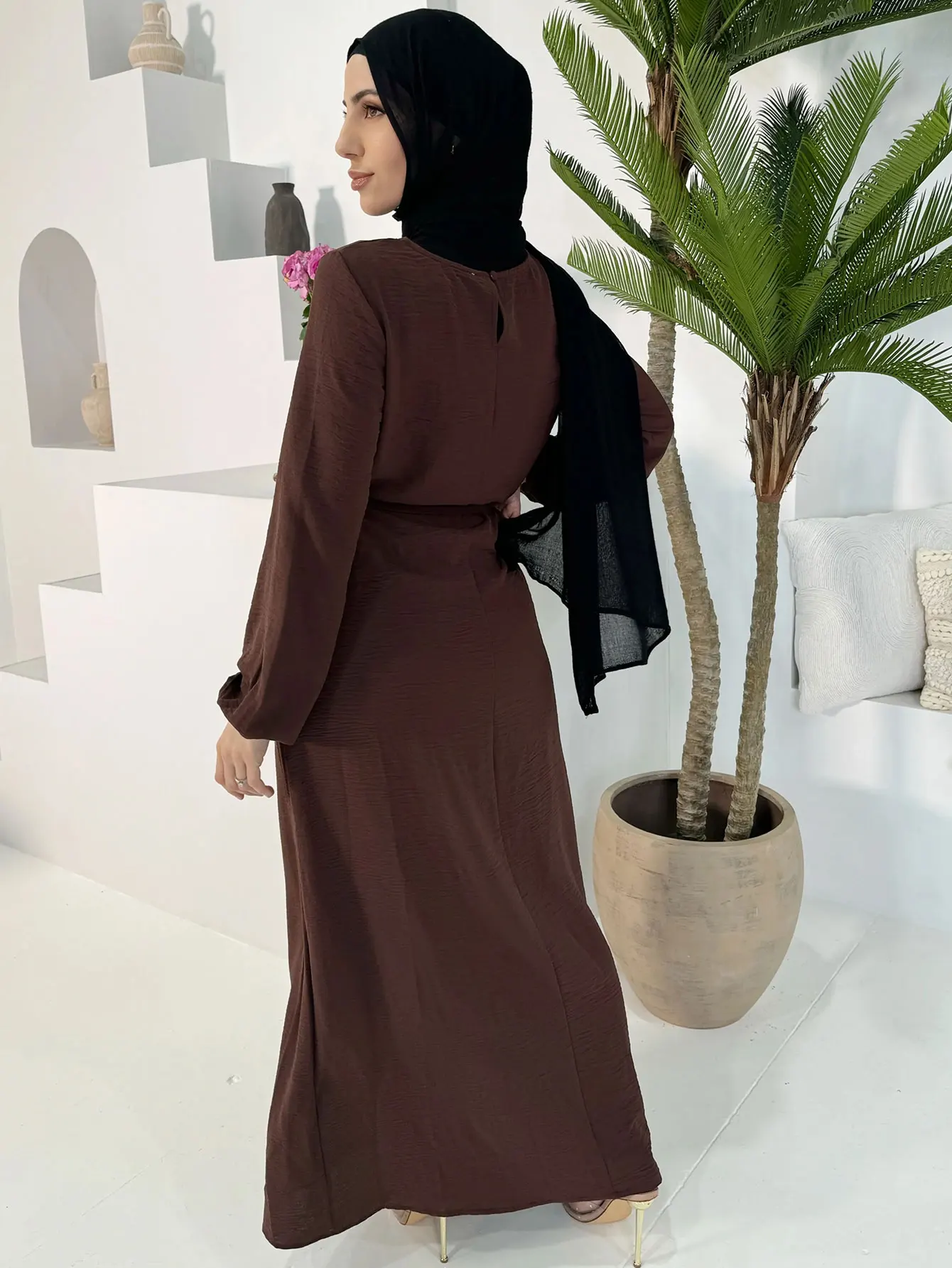 2025 Elegant Coffee Color Abaya Women Clothing Modest Dress Dubai Kaftan Islam Robe Marocain Femmes Musulmane with Belted Design