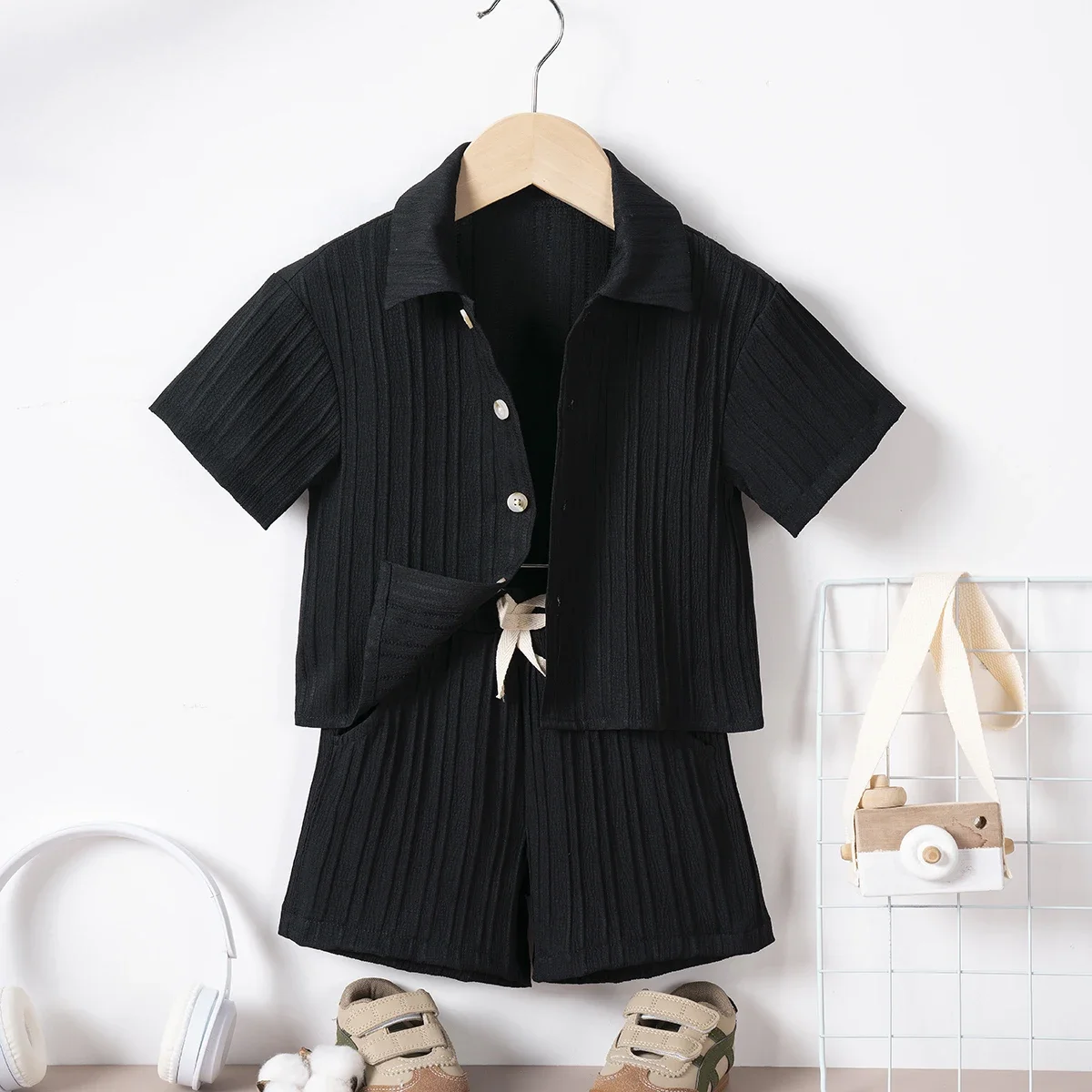 Summer Kids Clothes Two Piece Set Of Solid Color Collar Short Sleeved Shirt And Shorts Fashionable Casual Boys And Girls Suit