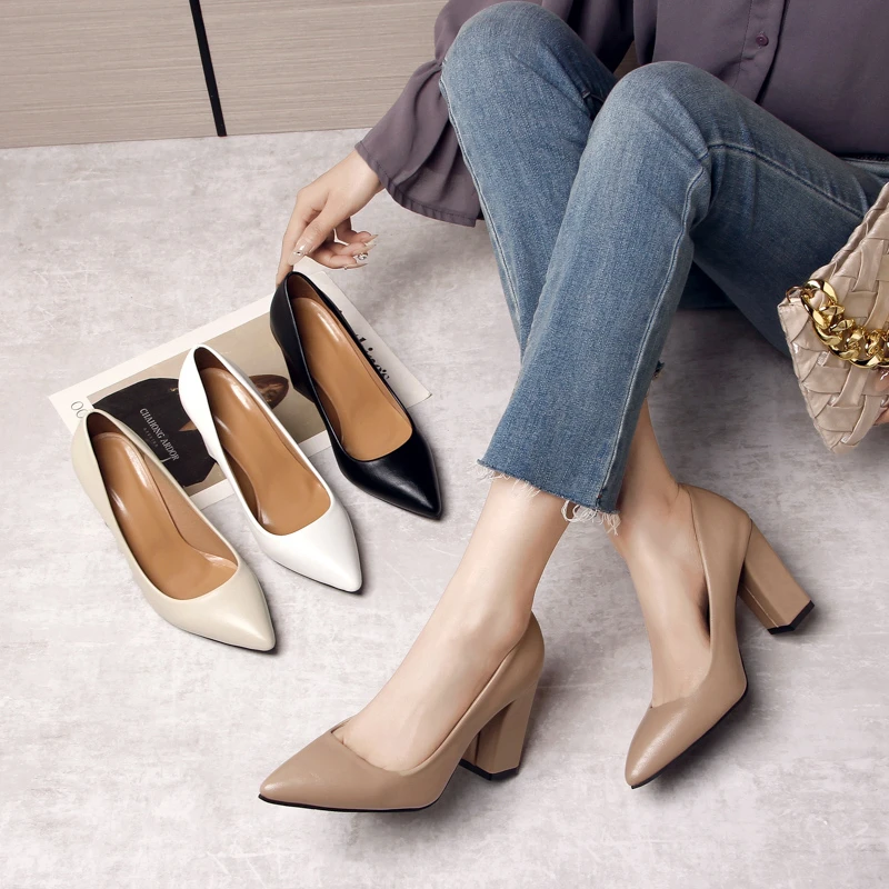 New Style Fashion Women's High Heels Women Korean Style Pointed Shallow Mouth Thick Heel Luxury Fashion Shoes Zapatos De Mujer