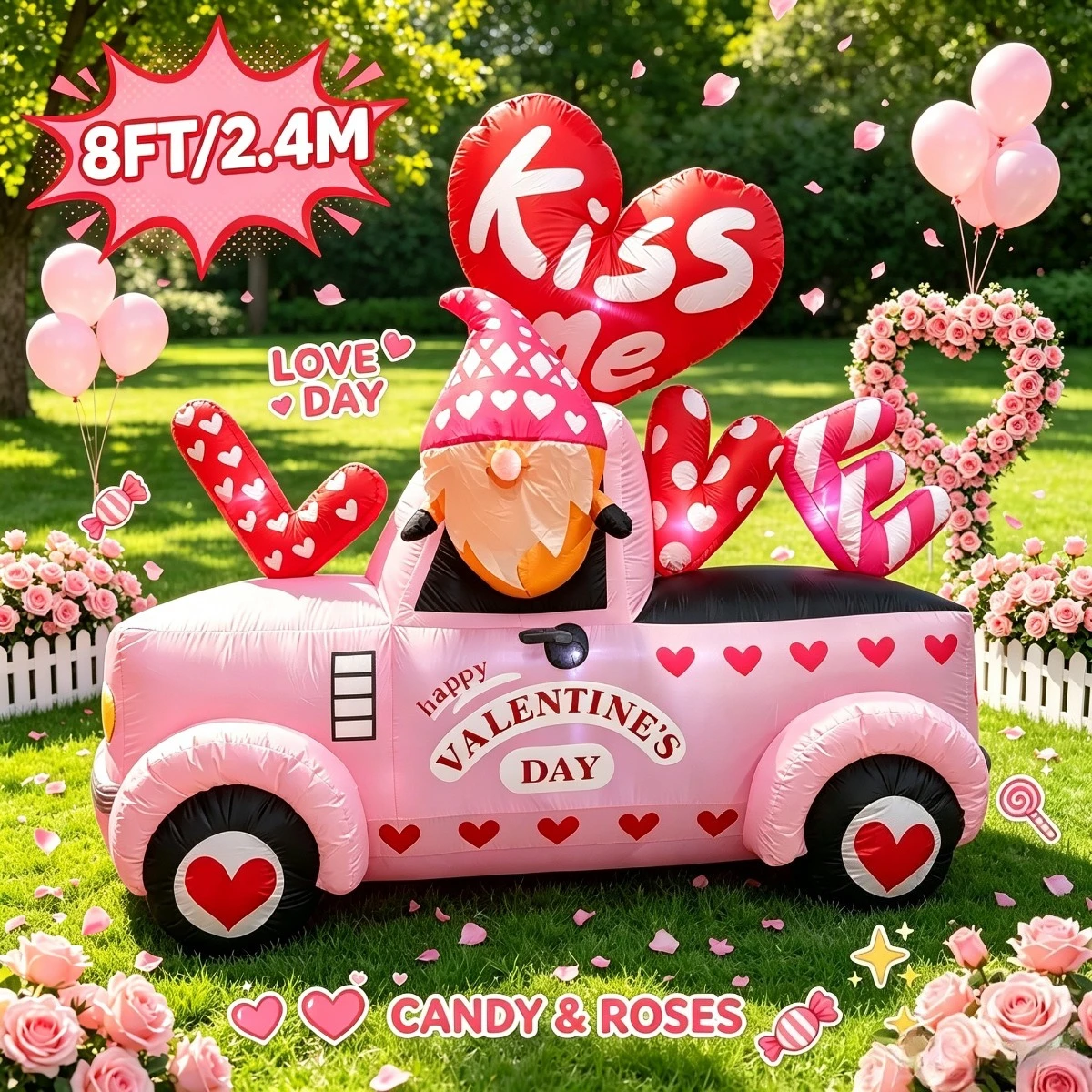 8FT Large Inflatable Heart Shaped Decorations Outdoor Yard Lawn Ornaments Valentine's Day Party Supplies for Garden Backyard