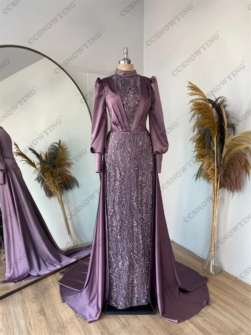 Apliques de cetim manga longa muçulmano vestido de noite islâmico formal vestidos de festa hijab feminino árabe kaftan robe de soiree