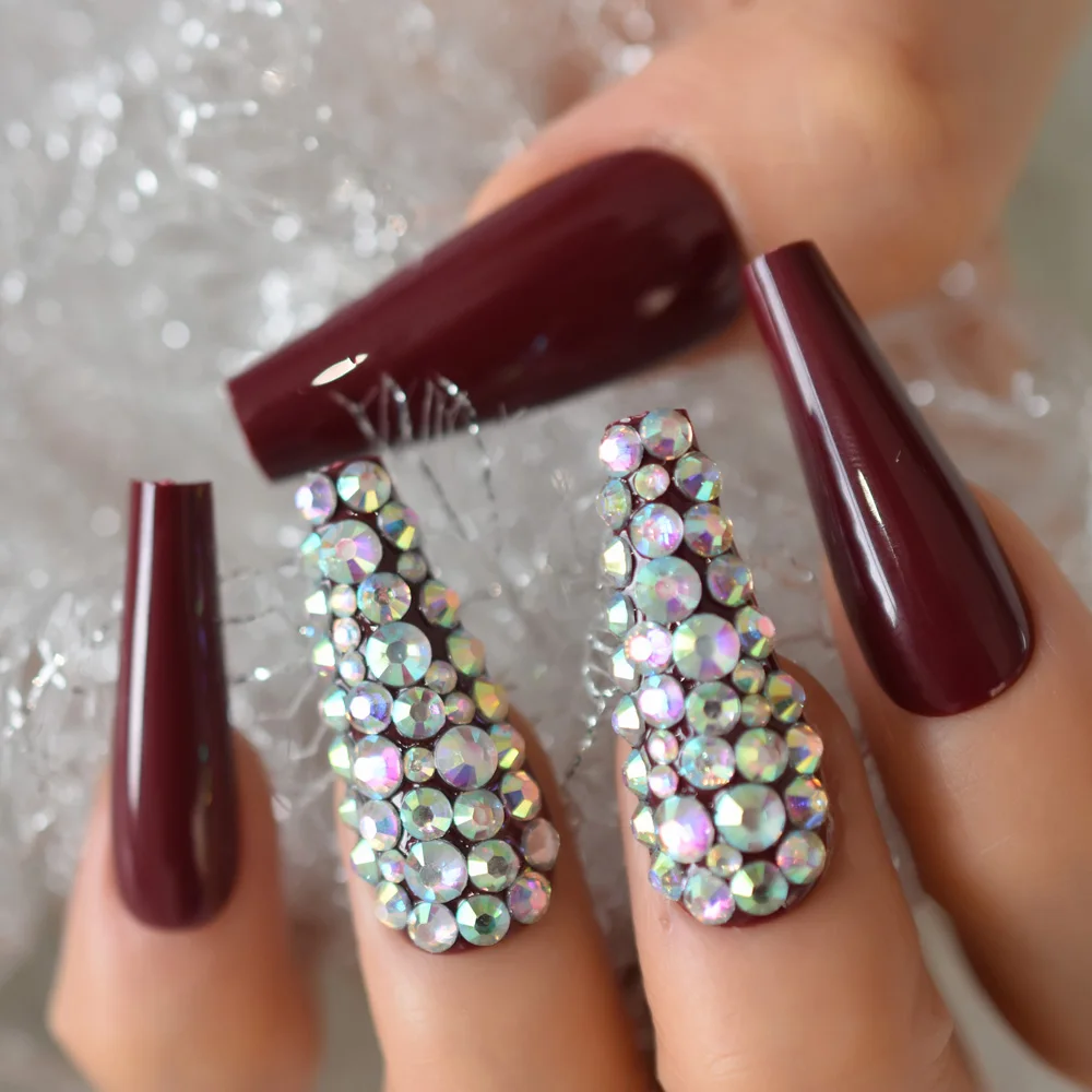 Volledige set vooraf ontworpen nep-nail art-tips Extra lang kastanjebruin rood taps toelopende ballerina-faux ongles Druk op nagels