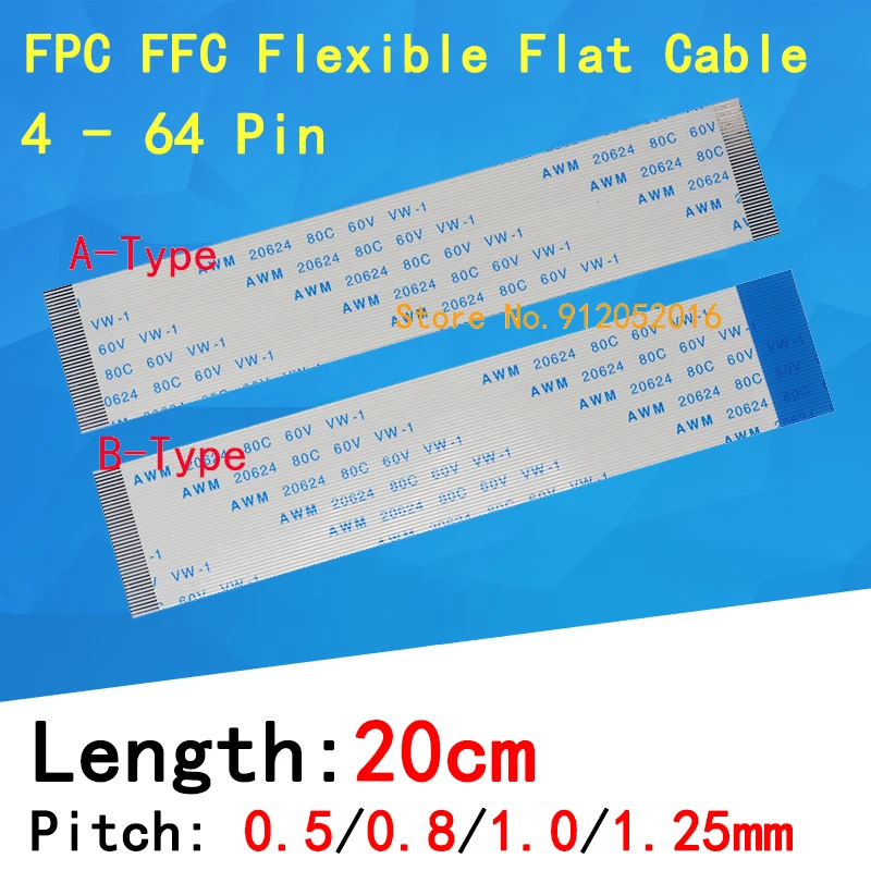 Cabo liso flexível de FFC, fita de FPC, 4, 6, 8, 10, 12, 14, 16, 18, 20, 22, 24, 26, 30, 36-60 Pin Pitch, 0,5, 0,8, 1,0 passo Comprimento do fio 20cm, 1.25mm