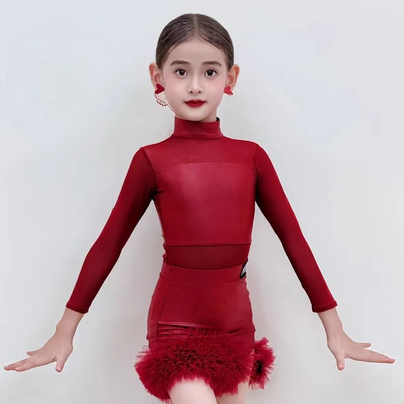 2025 Mesh Long Sleeve Top Skirt Split Suit Latin Dance Dress Chacha Rumba Dance Performance Costumes Competition Suit DQL12011