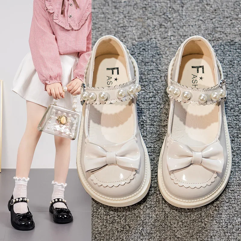 Children's Flats Fashion Pearl Bow Princess Dance Party Performance School Shoes Girl Dress Leather Shoes Kid Mary Jane Shoes