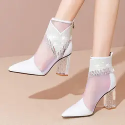 2022 New Women Mesh Sandals Boots High Heeled Summer Shoes Fashion Sexy Rhinestone Tassel Pointed Toe White Women's Shoes