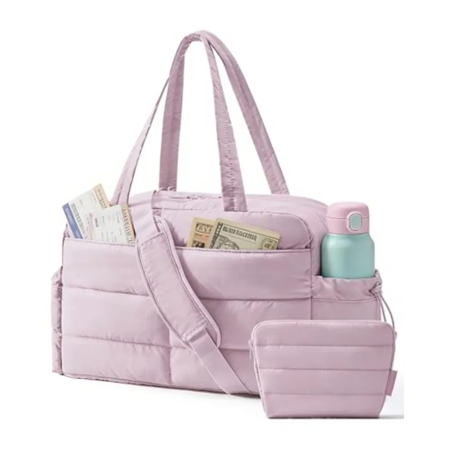 

Gym Bag for Women, Lightweight Puffer Duffle Bag 2-PC Travel Bag, 31L Weekender Overnight Bag Quilted Carry On Tote Bag, Diaper