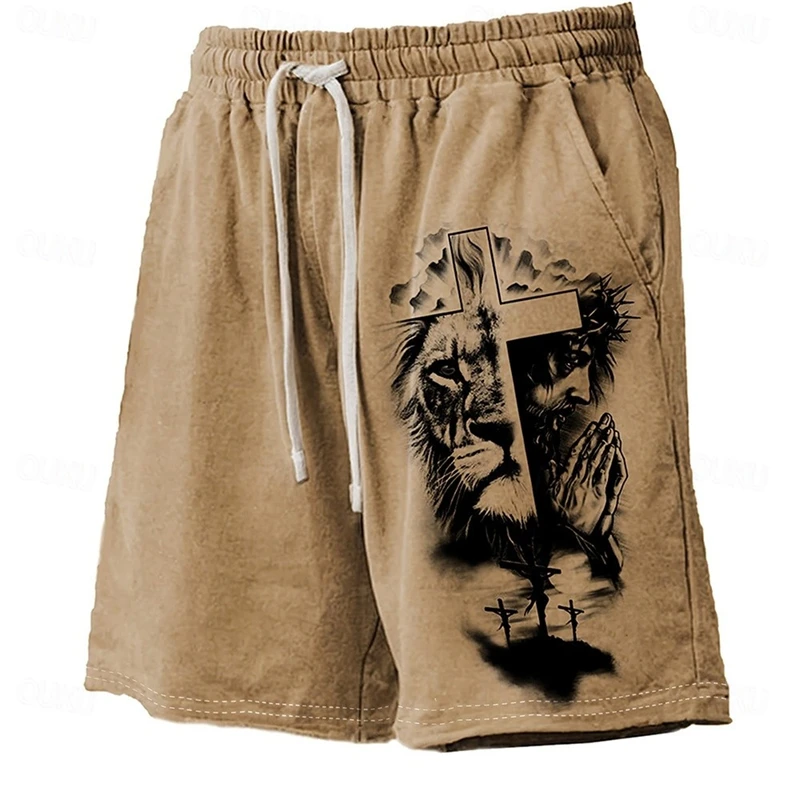 

Lion Cross Faith Pattern Board Shorts For Men Fashion Summer Simple 3D Dry Breathable Beach Short Loose Jesus Street Trunk