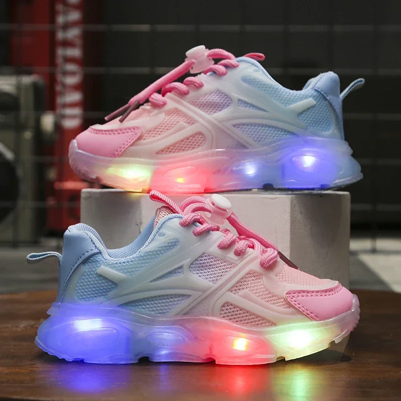 Baby Girls Sneakers Gradient LED Uncharge Light Running Walking Casual Shoes Kids Sports Shoes Breathable Light Up Flash Shoes