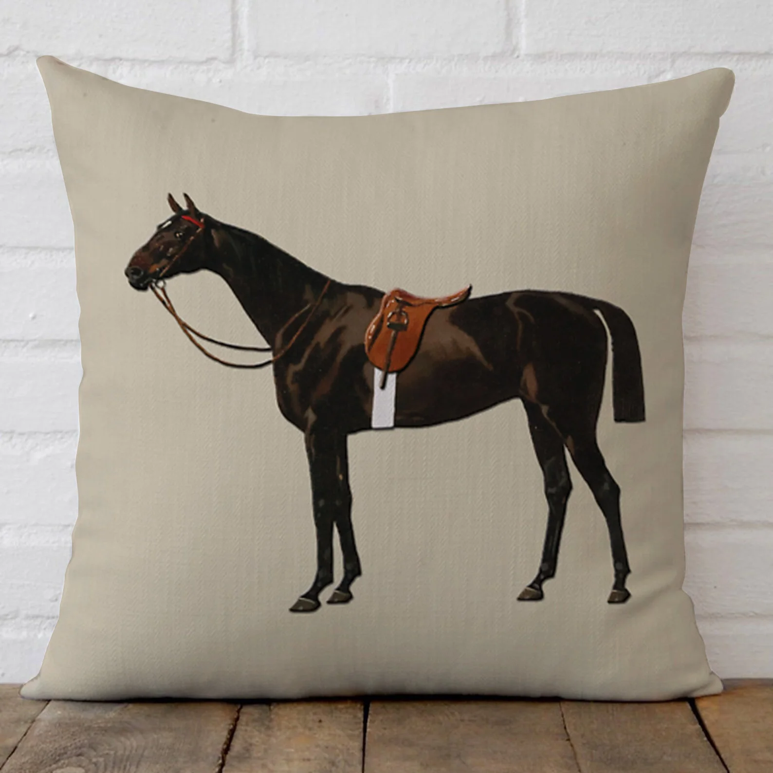 Vintage Equestrian Horse Pillow Cover Double Sided Short Plush 18x18 Inch Zipper Washable Riding Decor Gift