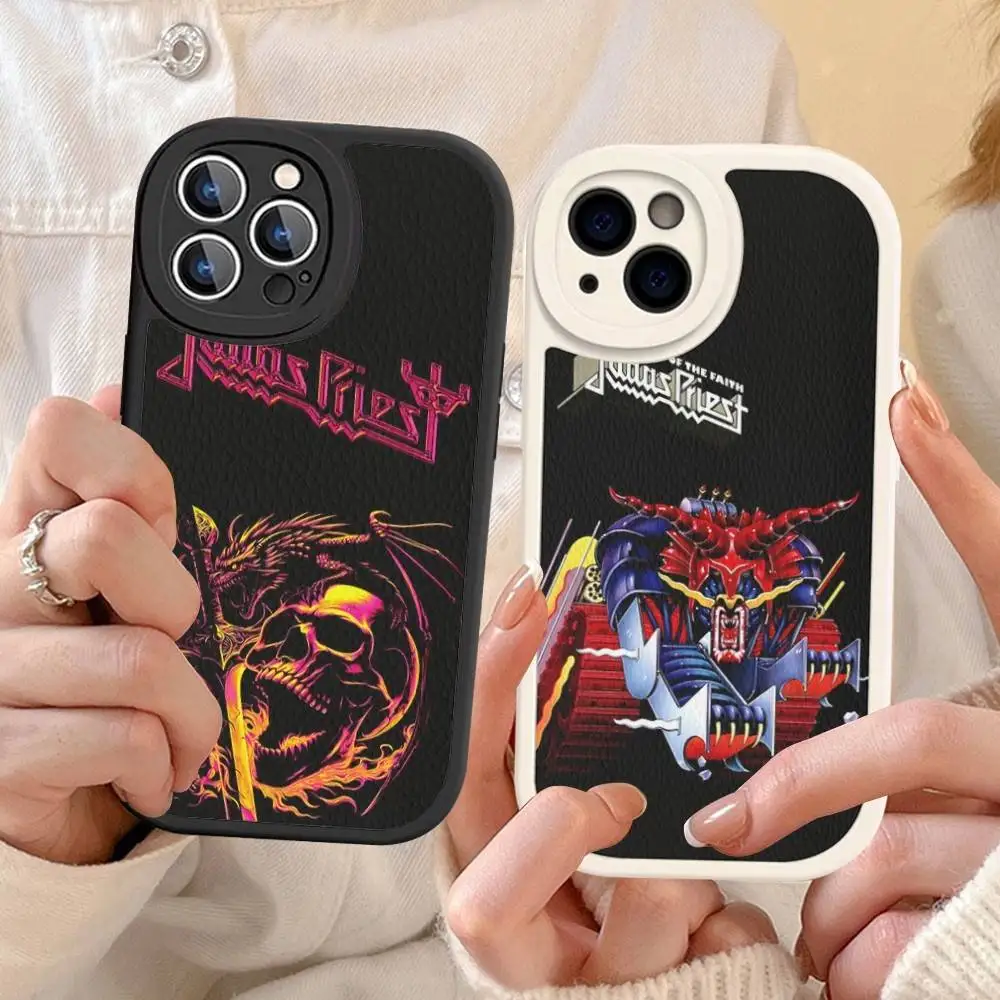 JUDAS PRIEST Band Leder-Handyhülle für iPhone 16 15 14 13 12 11 Pro Max Plus Stoßfeste Schutzhülle