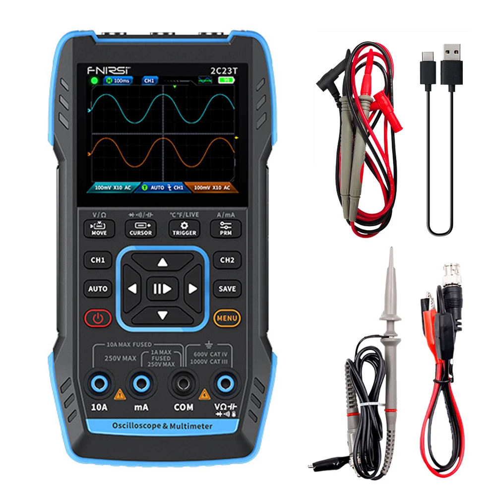 

FNIRSI 2C23T 3 in 1 Digital Oscilloscope Multimeter Function Signal Generator 9999counts AC DC Voltage 50MS/s 10MHz Dual Channel