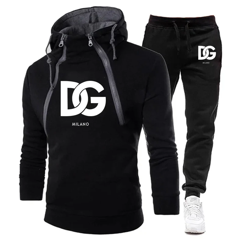 Newest Men's Tracksuit Thickening Zipper Hoodies + Sweatpants Outfits Male Sweatshirt 2PCS Double Zipper Warm Windproof Outwear