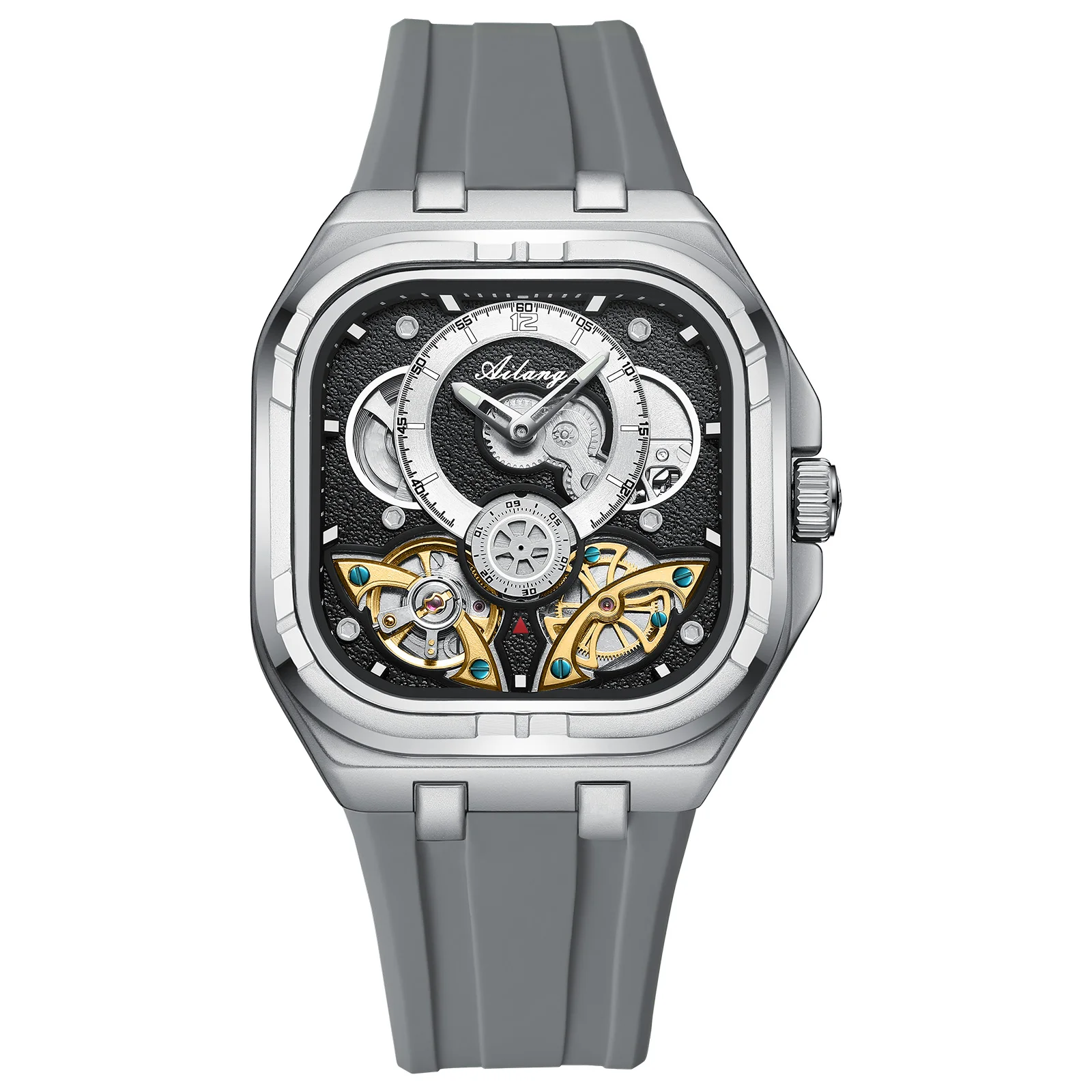 2026 ساعة توربيون أوتوماتيكية فاخرة بهيكل عظمي للرجال تصميم مربع مع قرص أزرق سماوي مضيئة ومقاومة للماء ساعة يد رياضية #6