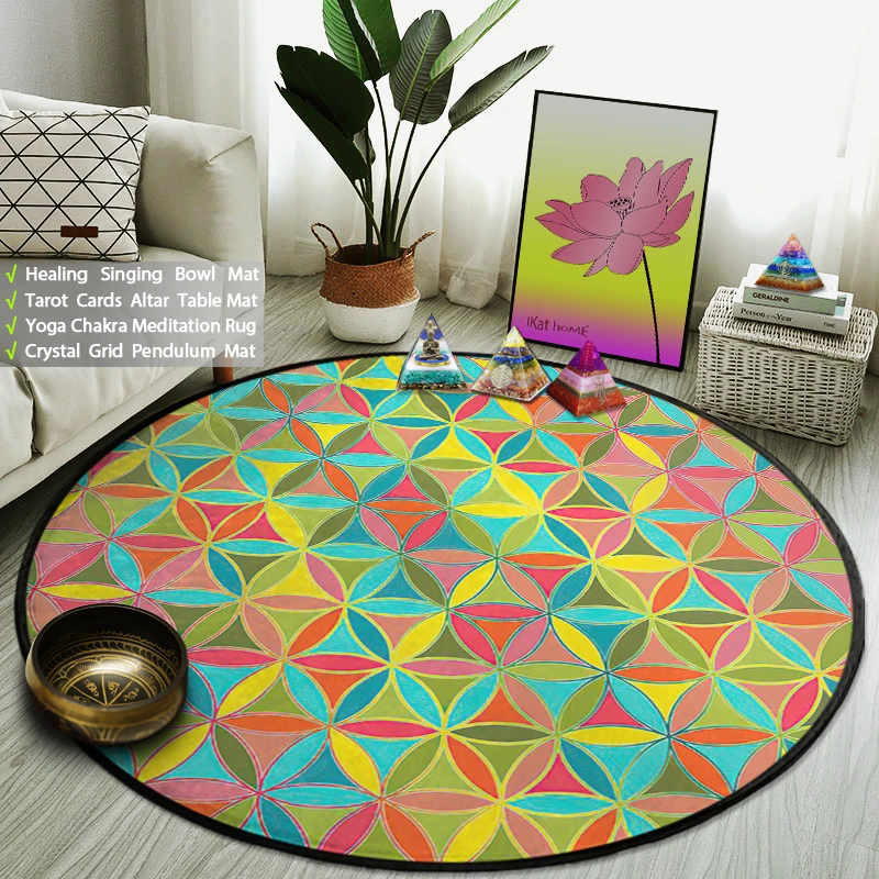 

Crystal Grid Flower of Life Round Floor Rug Pagan Energy Yoga Meditation Mat Witchcraft Astrology Magic Circle Reiki Halo Carpet