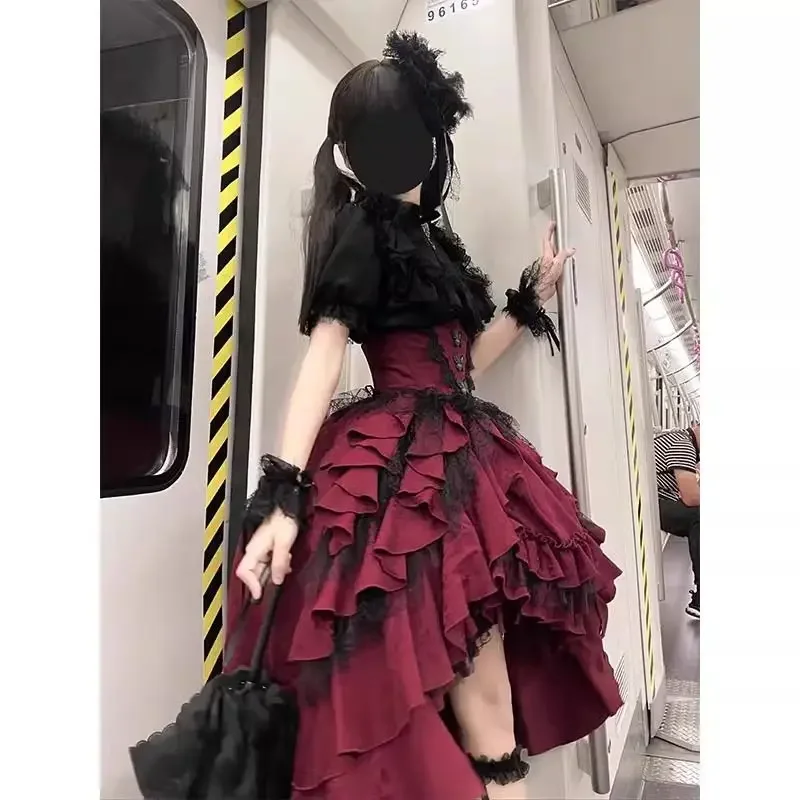 ゴシックロリータ スタンドカラー バブル半袖レースシャツ ハイウエスト スリム イレギュラー マルチレイヤー ミディスカート ツーピースセット