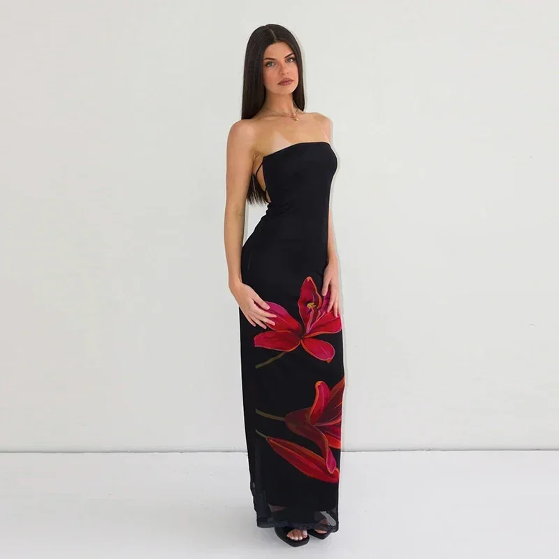 Laxsesu Mesh Bloemenprint Strapless Backless Lace Up Sexy Elegante Bodycon Maxi Galajurk Dames Y2K Outfit Feest Strand Kerstmis