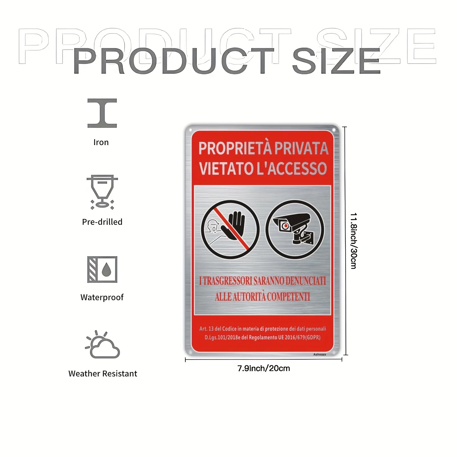2D Flat - 2D Plane, 1pc of Reflective Waterproof Uv-Resistant Metal Sign - Private Property No Entry Warning Sign with GDPR Tips