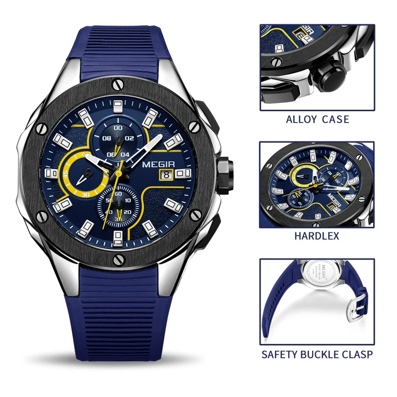 MEGIR Top Brand Men\'s Military Sport Chronograph Watches Waterproof Fashion Blue Silicone Strap Quartz Wristwatch Man Auto Date