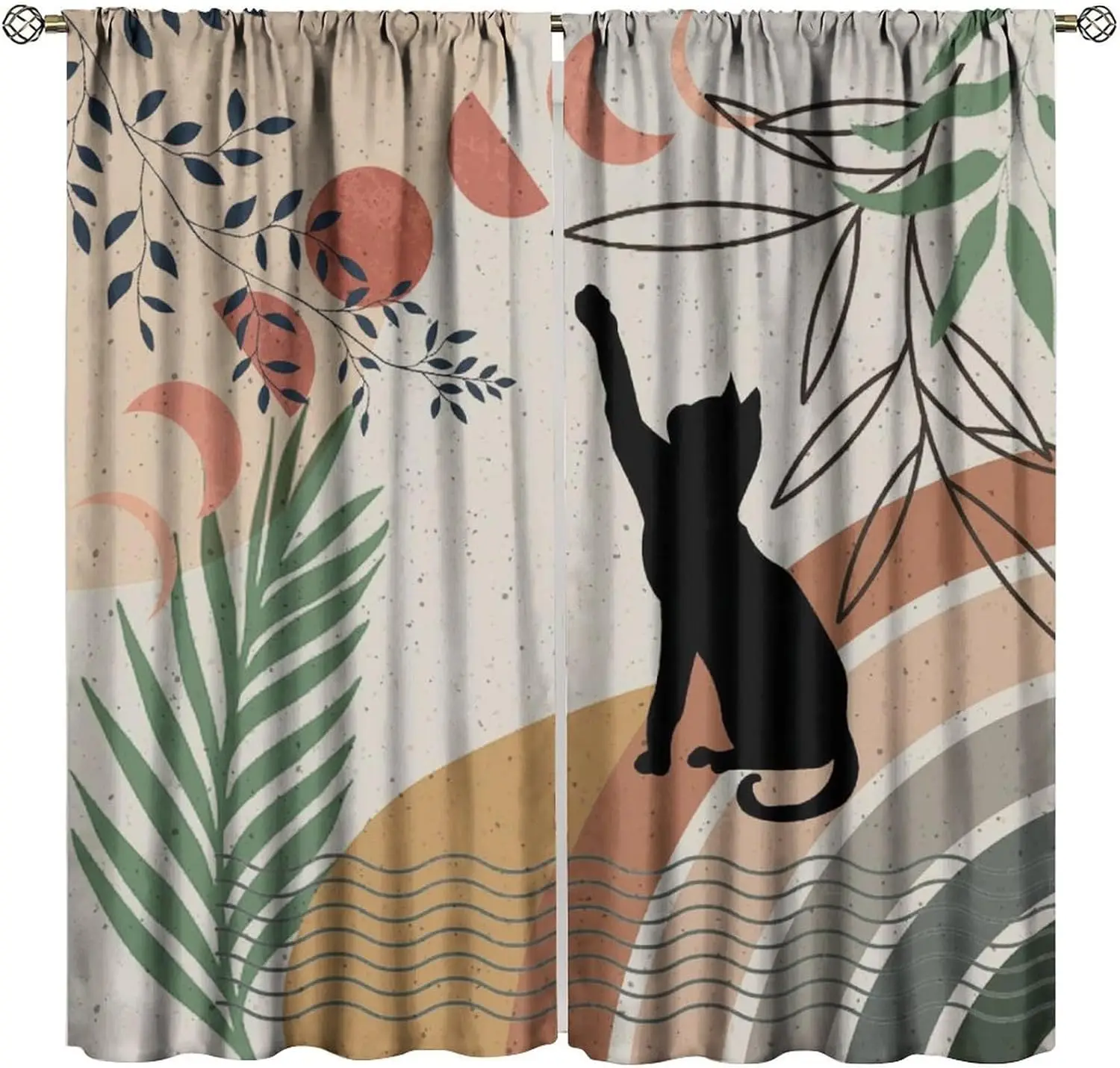 Mid Century Moon Cat Curtain Retro Black Cat Leaves Sun Moon Leaves Boho Abstract Geometric Arch 70s Window Drapes for Bedroom