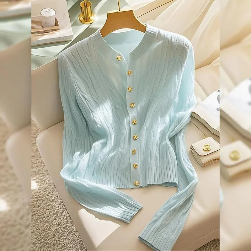 

Spring New Mint Blue Short Sweater Women Knitted Cardigan Tops Fashion Single-Breasted O-Neck Loose Soft Knitwear Female W1058