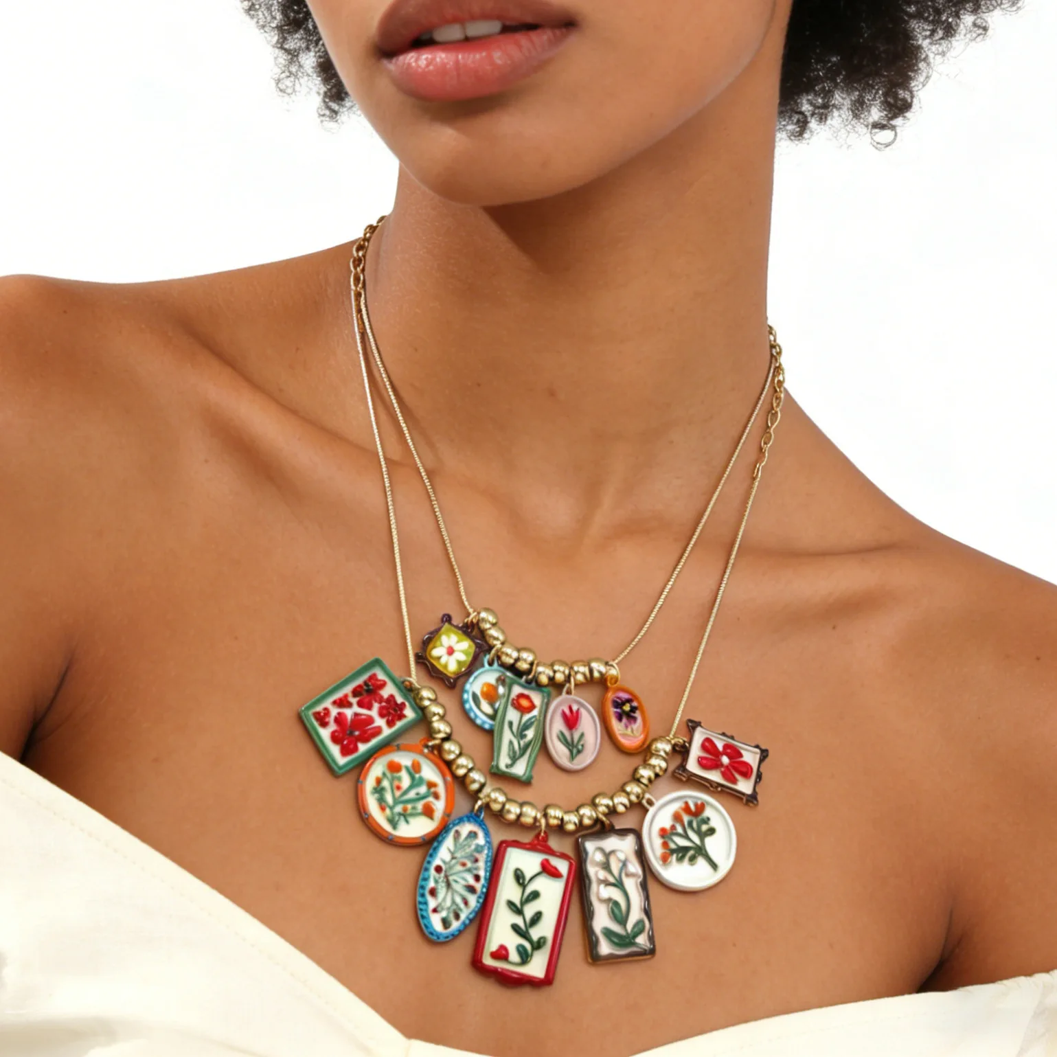ZA multi-layer printing beaded pendant stacked necklace lily peony niche design sense item jewelry supply