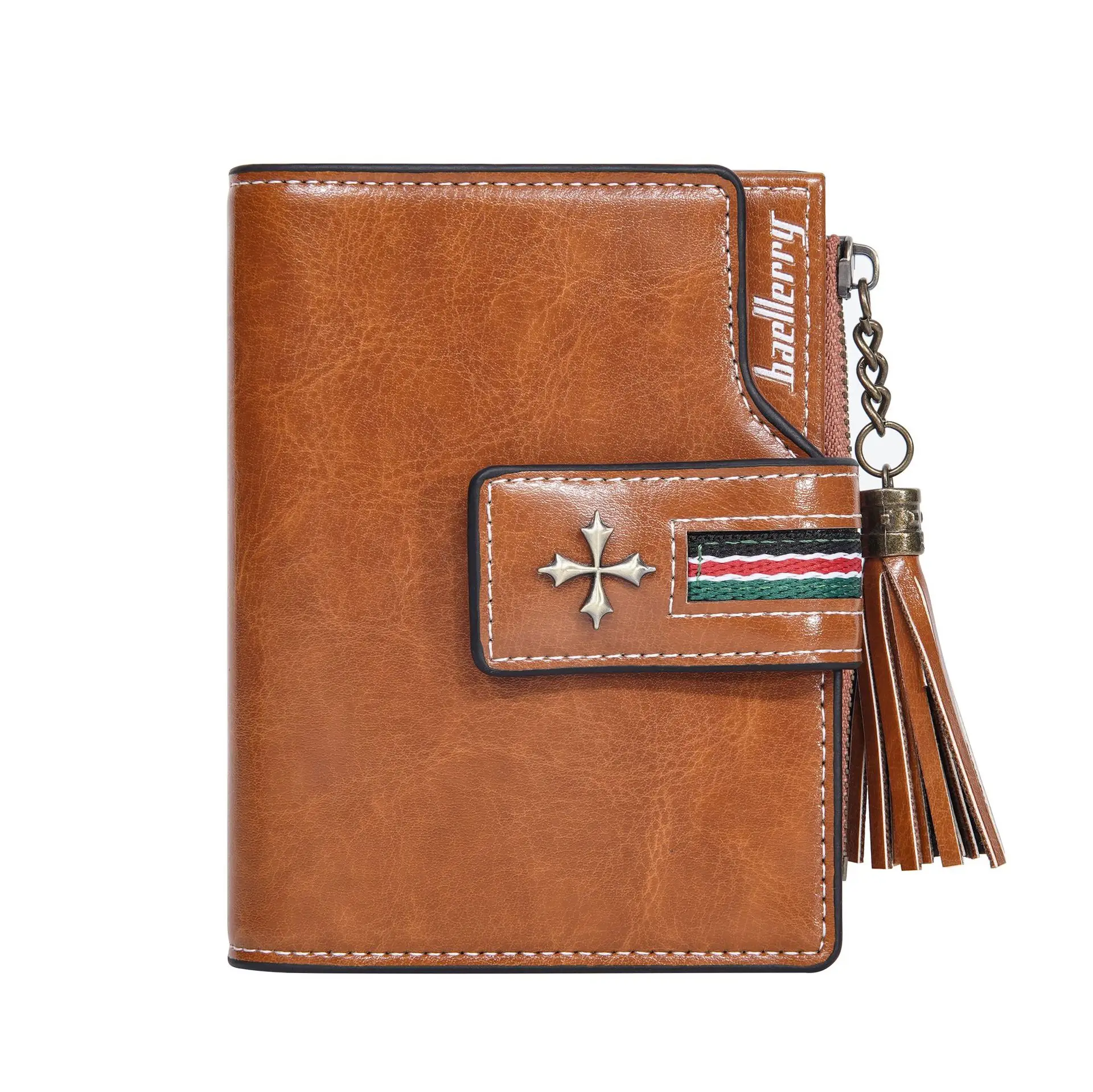 Neue PU-Damenbrieftasche mit Ölwachs-Lederquasten, Modische Dreifach Gefaltete Kurze Geldbörse, Mehrfach-Fach Reißverschluss-Münzbörse – Detail 38