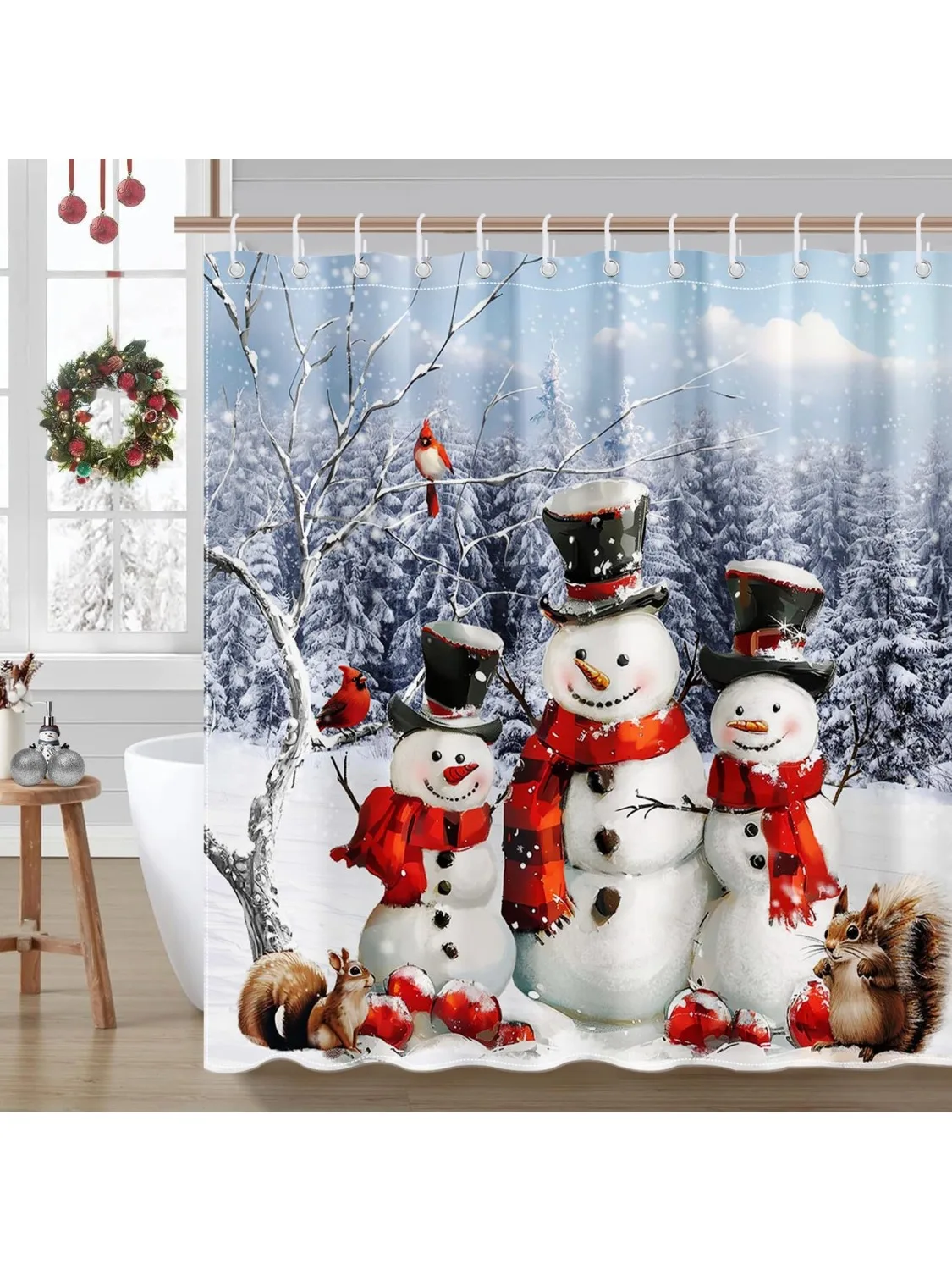 Mocsicka Winter Christmas Snowman Shower Curtain - Forest Holiday Bathroom Decor With 12 Hooks, Waterproof Bathtub Curtain