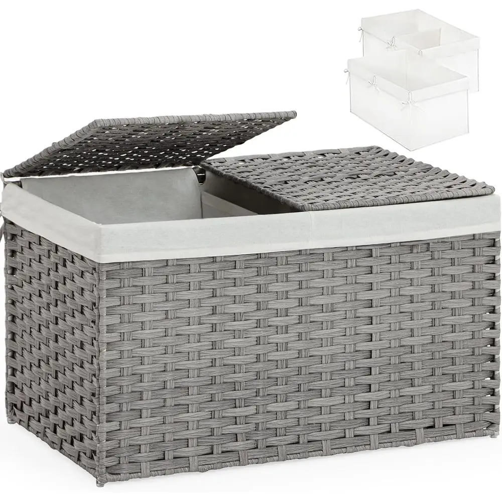 

Storage Basket with Lid Rattan, Woven Storage Baskets with 2 Separate Lids, 17.2 Gallon (65 L), 22.2 x 13 x 13.8 Inches, Foldabl