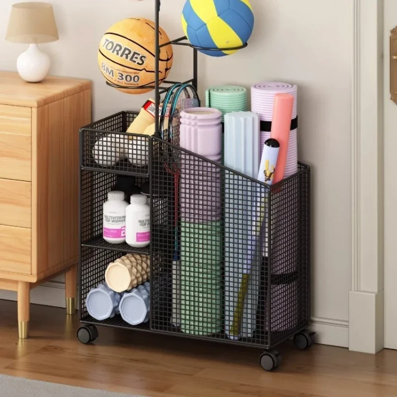 Yoga mat storage basket Home sports fitness equipment storage Movable badminton racket Dumbbell basketball rack