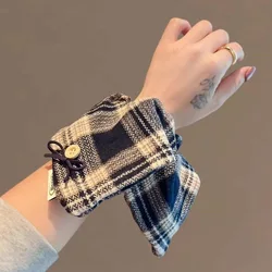 Vintage Plaid Button Bow Elastic Hair Rubber Bands For Women Sweet Hair Ornament Scrunchies Hair Tie Hair Rope Hair Accessories