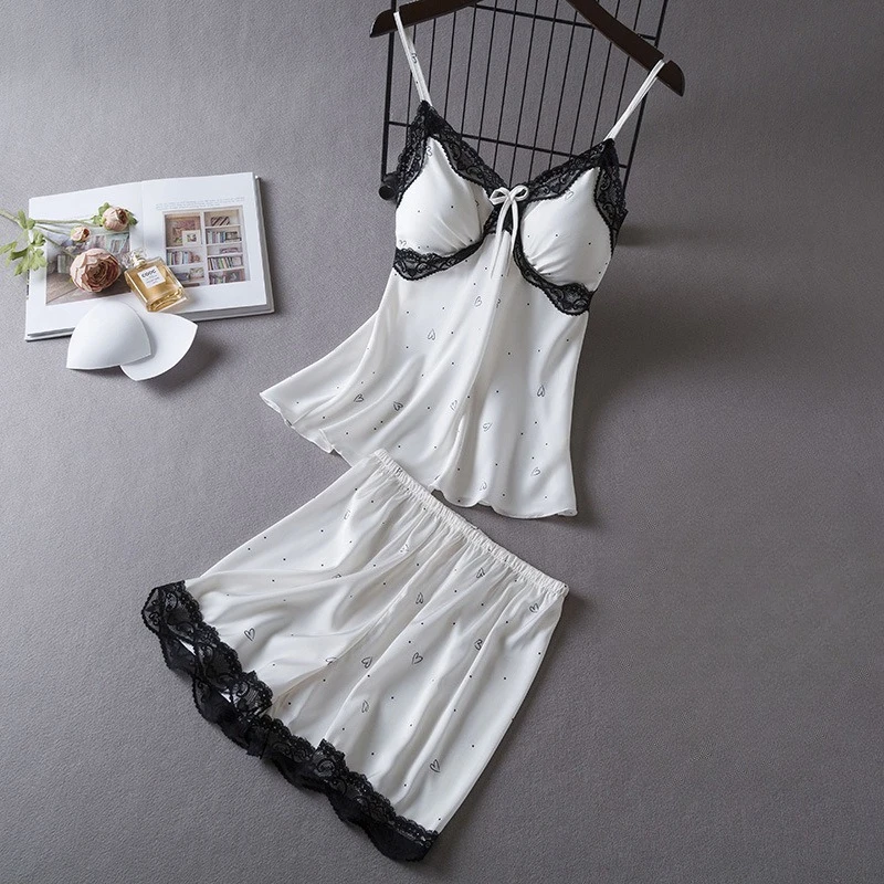 

Женский комплект пижам из 2 предметов: сексуальный топ на бретельках и шорты, летний кружевной атласный комплект для сна и отдыха