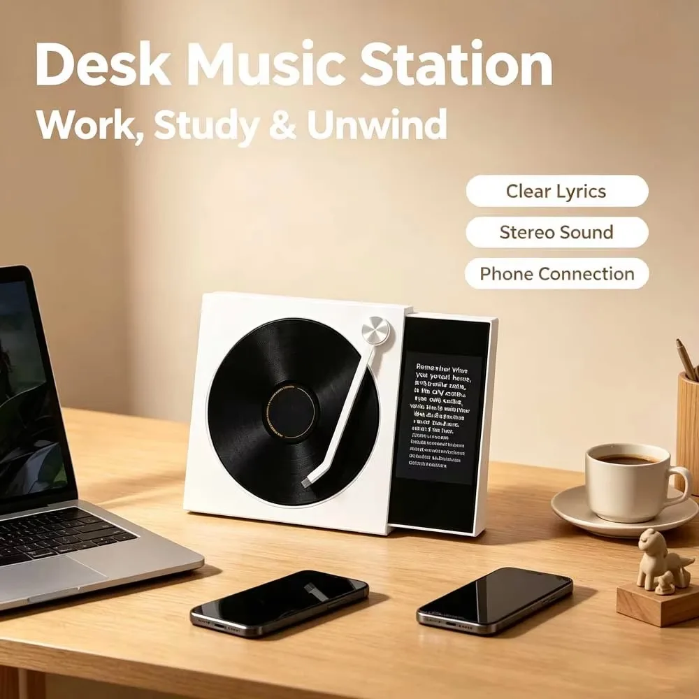Vintage Vinyl Record Player-Style Bluetooth Speaker, Dynamic Scrolling Lyrics Display, Digital Photo Album, Home Decor