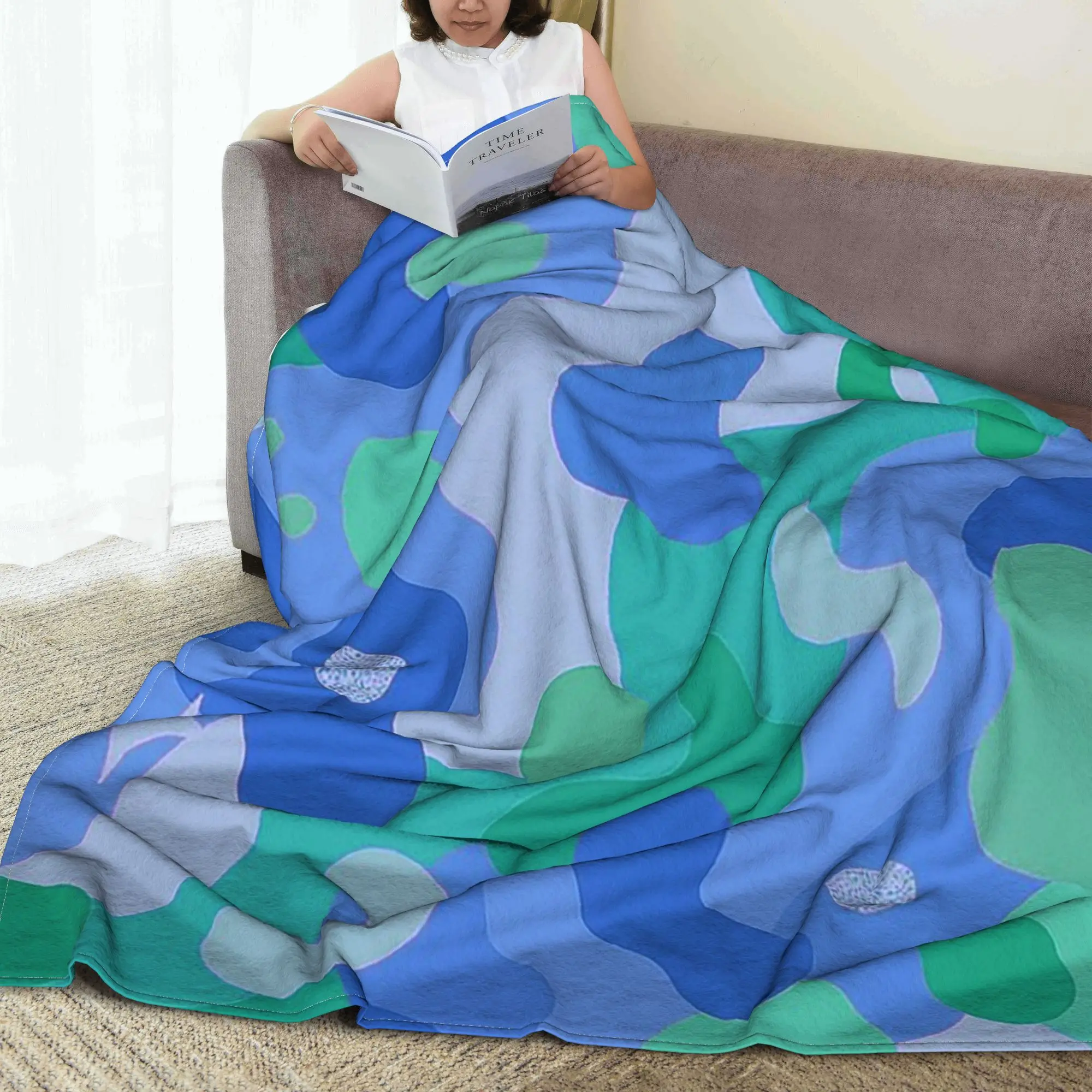 Funky Green Blue Abstract Blobby Print Blankets Super Soft Fleece Throw Blanket for Home Bedroom Outdoor Throws Bedspread Quilt