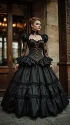 Black Dark Gothic Victortian Prom Dresses with Long Sleeve Sweetheart Bustle Steampunk Corset Evening Gown Debutante  Customed