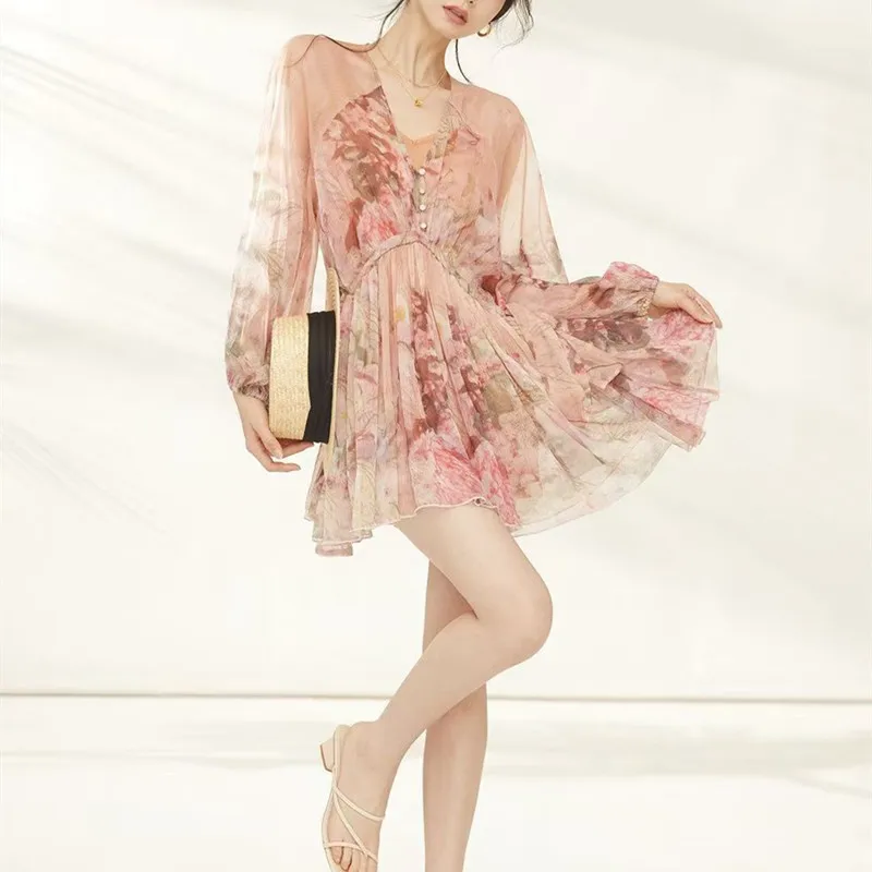 

Summer New Loose Floral Ruffles Patchwork Long Sleeve High Waist Casual Mini Dress V-Neck Holiday Print Women's Clothing