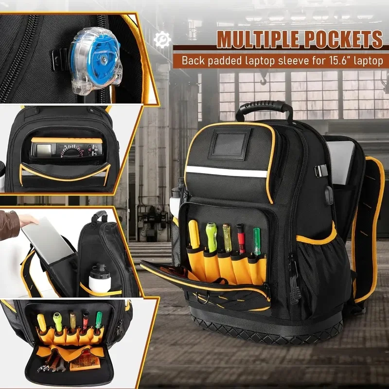 Multifunctional Tools Backpack with Hard Bottom and a Tool Pouch Heavy Duty Tool Bag Multiple Pockets Laptop Sleeve ﻿