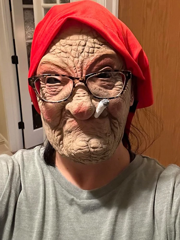 Smoking Old Nana Granny Latex Mask Cosplay Funny Grandma Red Scarf Masks Halloween Carnival Dress Up Purim Party Costume Props