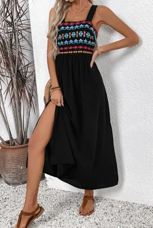 

Women's Dress Summer Fashion Ethnic Style Embroidered Flower Square Collar Waist Cinching Slit Design Vacation Suspender Dress