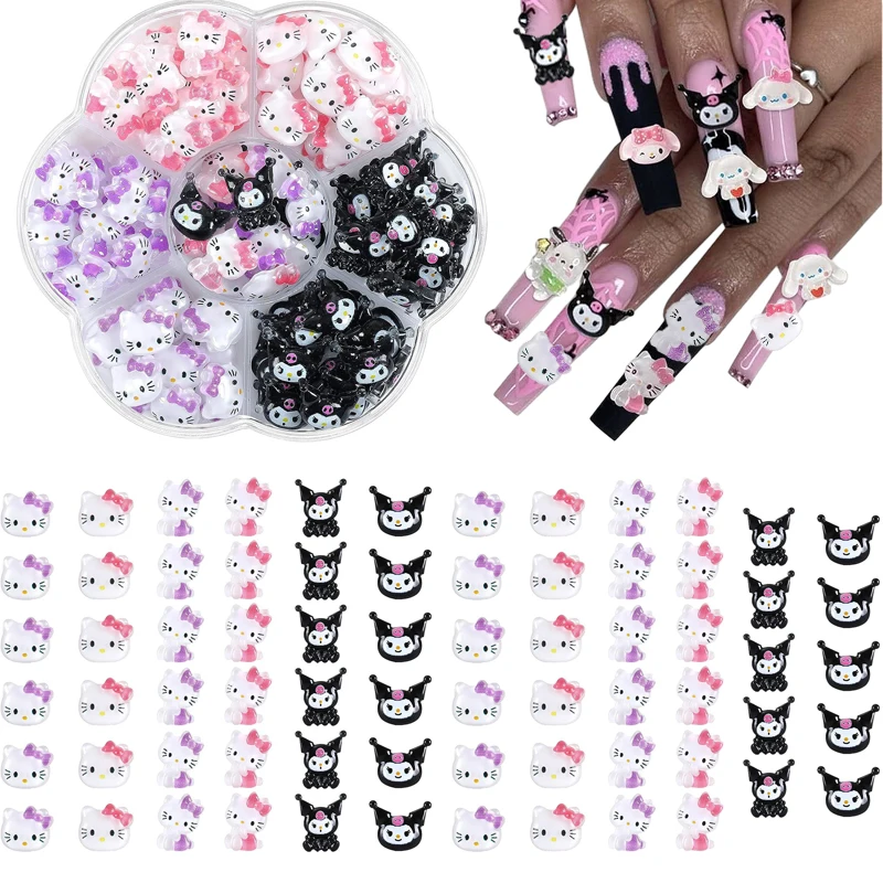 70/50Pcs Anime Sanrioed Nail Tips Charms Kawaii Kuromi Hello Kitty Cinnamoroll Manicure Nail Art Rhinestone Decor Y2K