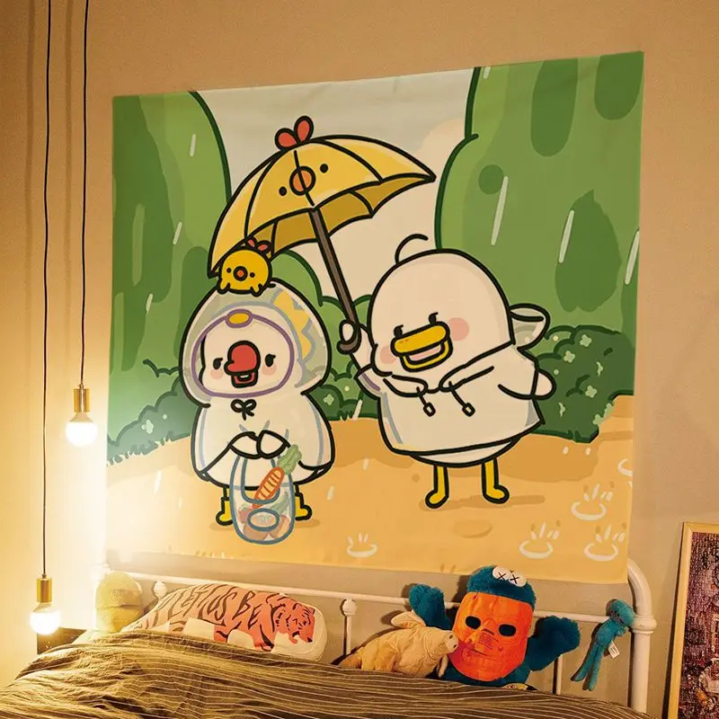 VIKAMA Cartoon Raincoat Duckling Rainy Day Travel Tapestry HD Wear resistant Fabric Living Room Decoration Home Decoration