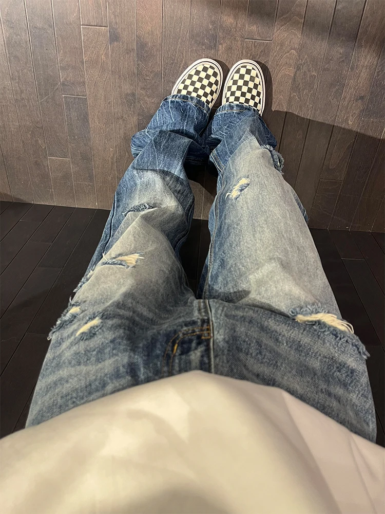 

Retro American Men's Jeans High Street Vibe Straight Leg Micro Flared Pants Summer Trendy Wear Resistant Stand Fit Jeans
