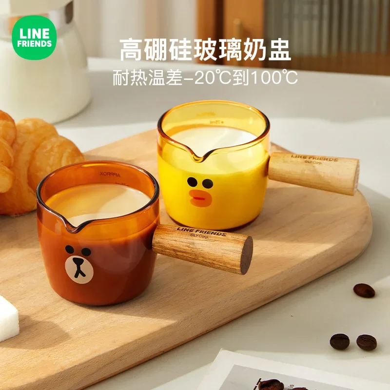 Line Friends Brown Graduated Espresso Liquid Extraction Measuring Cup Anime Kawaii Wooden Handle Milk Cup Handle Glass Cup Gift