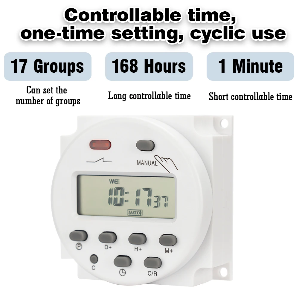 Timer AC 220V 110V DC 24V 12V Digital LCD Power Timer Programmable Time Switch Relay 17 Groups of Timing Controls 16A CN101A