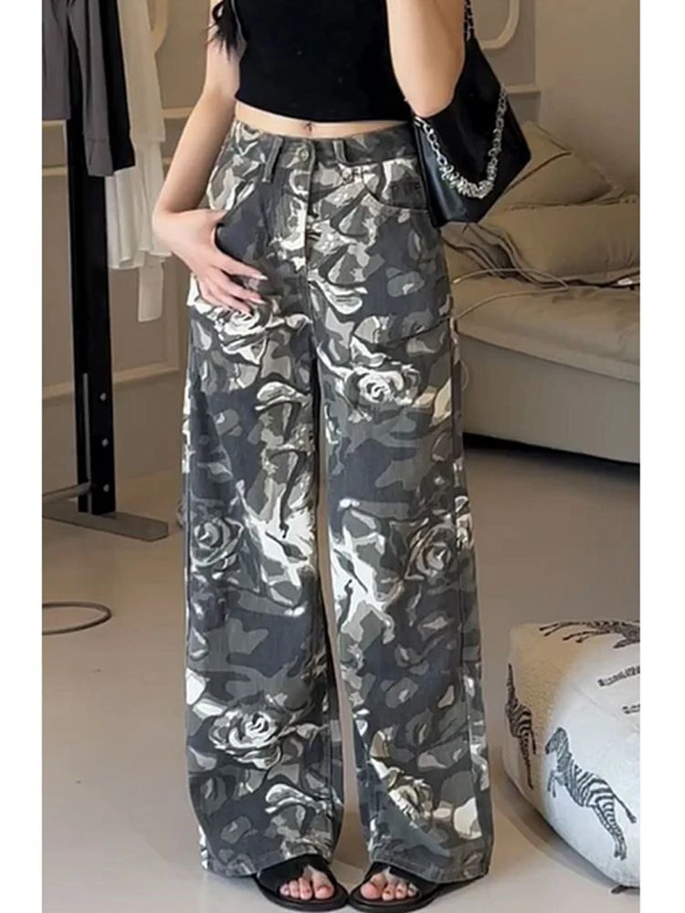 

Women's Rose Camouflage Print Straight Pants Young Girl Summer High Waisted Bottoms Vintage Female Wide Leg Trousers