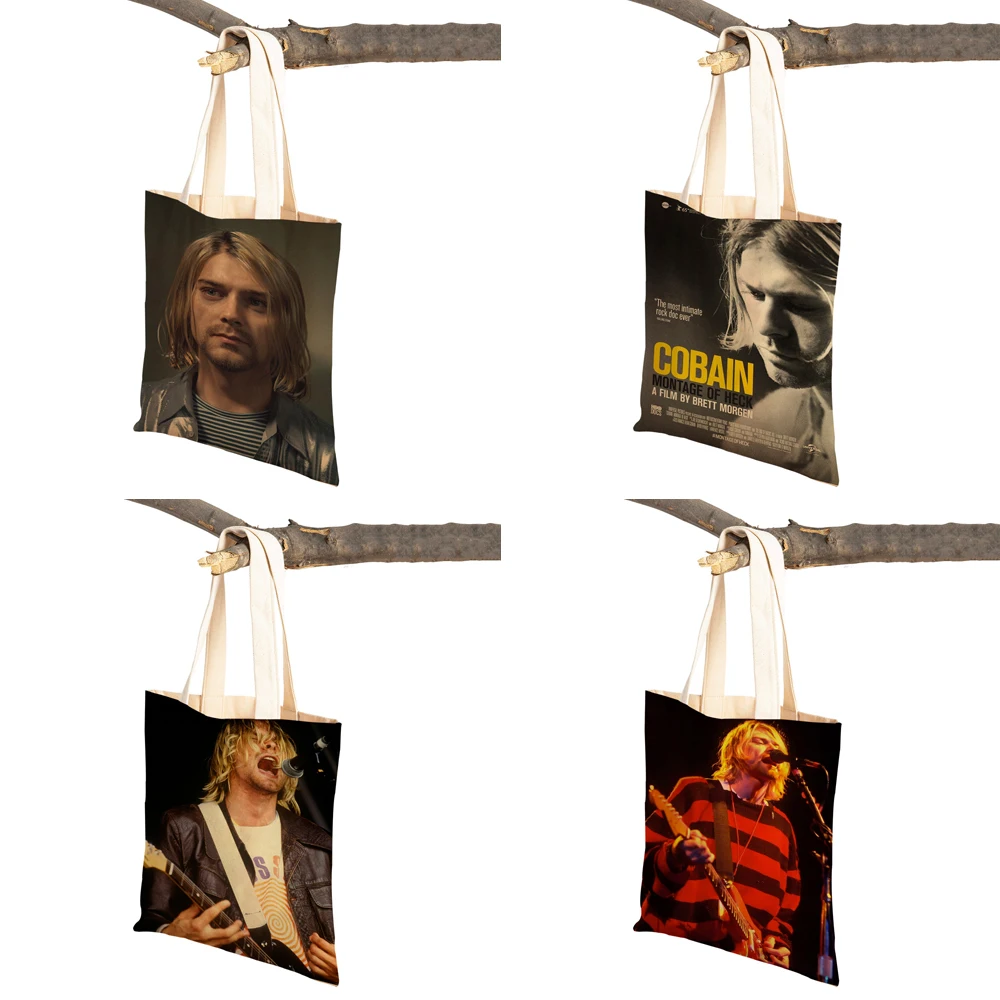 Kurt Cobain Shopping Bags Rock Roll Music Shopper Supermarket Bag Design Women Handbag Eco Portable Convenient Storage Tote