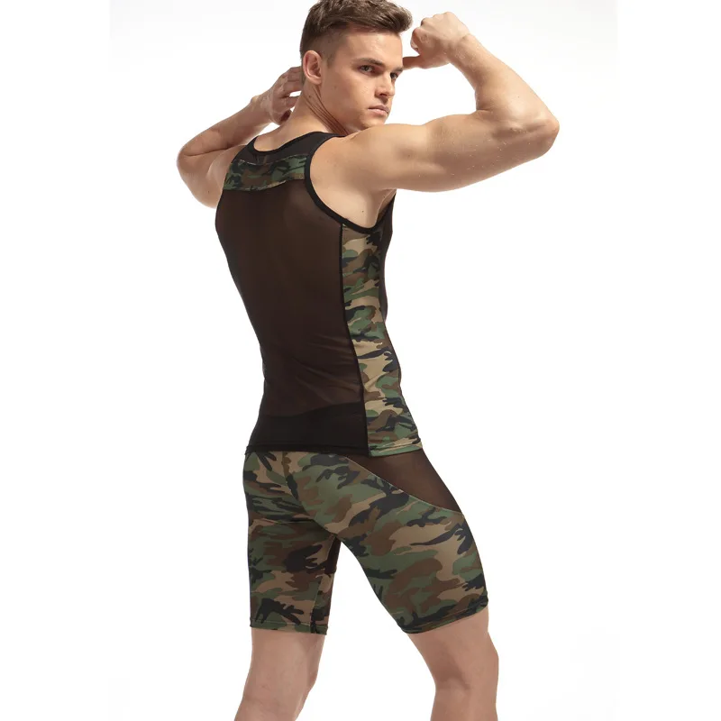 Sexy Men Undershirts Sets Fitness Camouflage Shorts and Vest Jumpsuit Transparent Fun Jumpsuit Catwalk Nightclub Stage Suit
