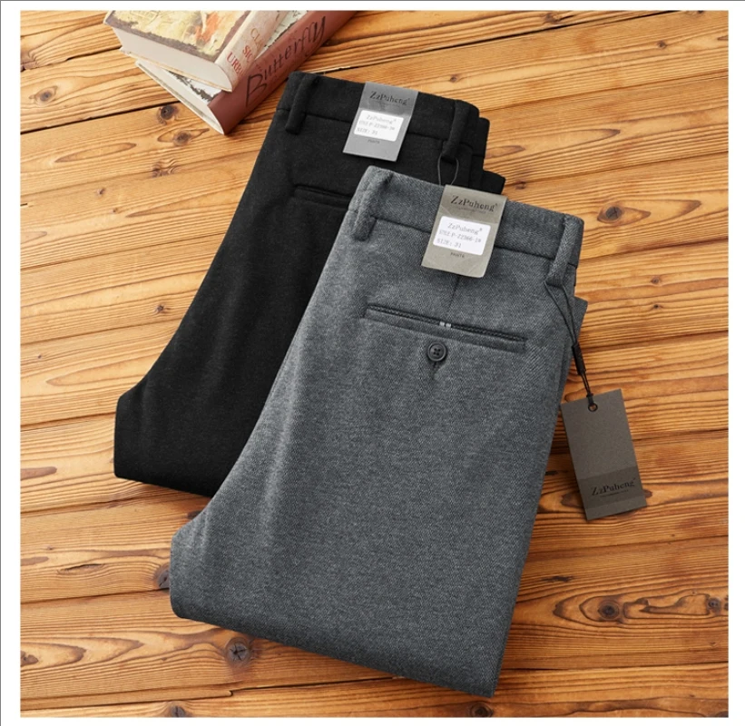 Autumn-winter warm wool blend comfortable thickened fabric woolen pants men's loose straight leg business casual pants