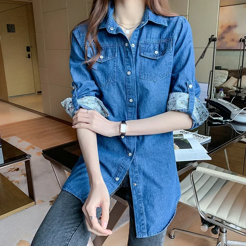 Spring New 2024 Vintage Denim Button Up Shirt Coat Korean Long Sleeve Top Women Jacket  Loose Casual Blouse Women 11968